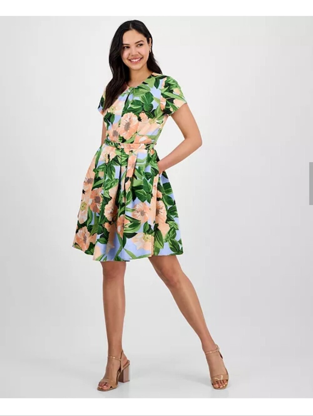 Tahari ASL NWT $169 Peach Magnolia Floral Fit & Flare Dress Size 12 Belted Boho